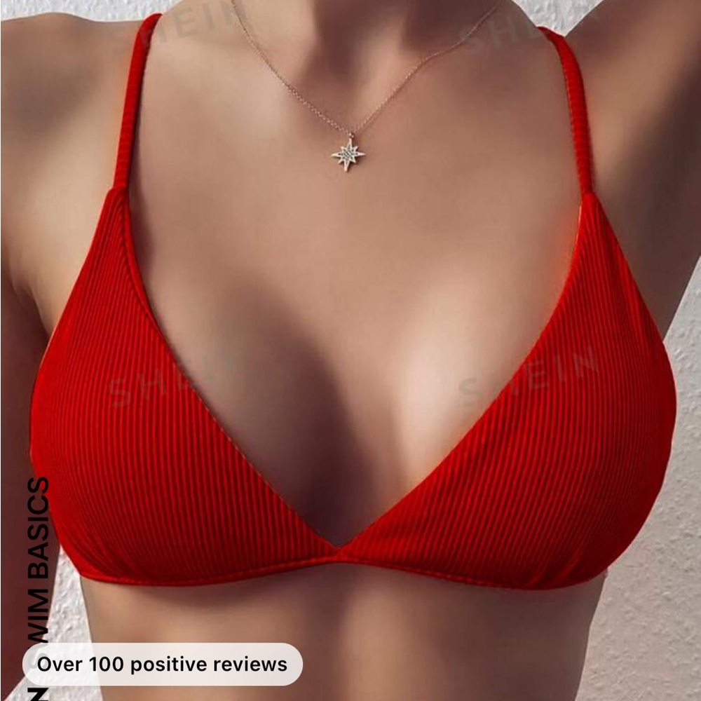 Red Rib Triangle Bikini Top